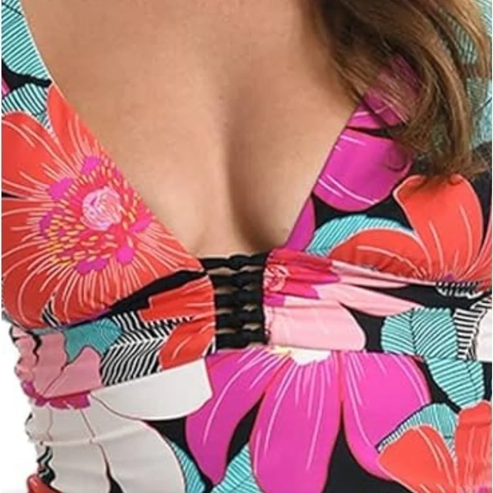 La Blanca Floral Plunge Knot Detail Tankini Top Pink Multicolored Size 4